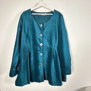 Soft Surroundings Women Fiona Chenille Velvet Button Front Peplum Blouse 1X Blue